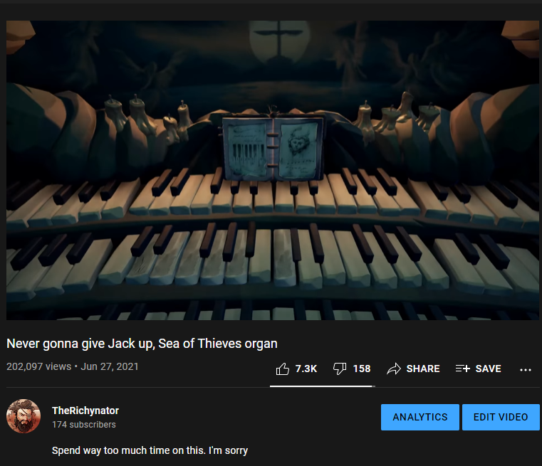 Richy_Paine's tweet photo. Holy moly! I can't believe this video reached 200k views today!

It started out as a joke to some friends, then decided to upload it to YouTube. Honestly I can't thank everyone enough and sorry for Merrick Rolling you in SoT😳

@RareLtd @SeaOfThieves #SeaOfThieves #BeMorePirate https://t.co/DARvMxsKvg
