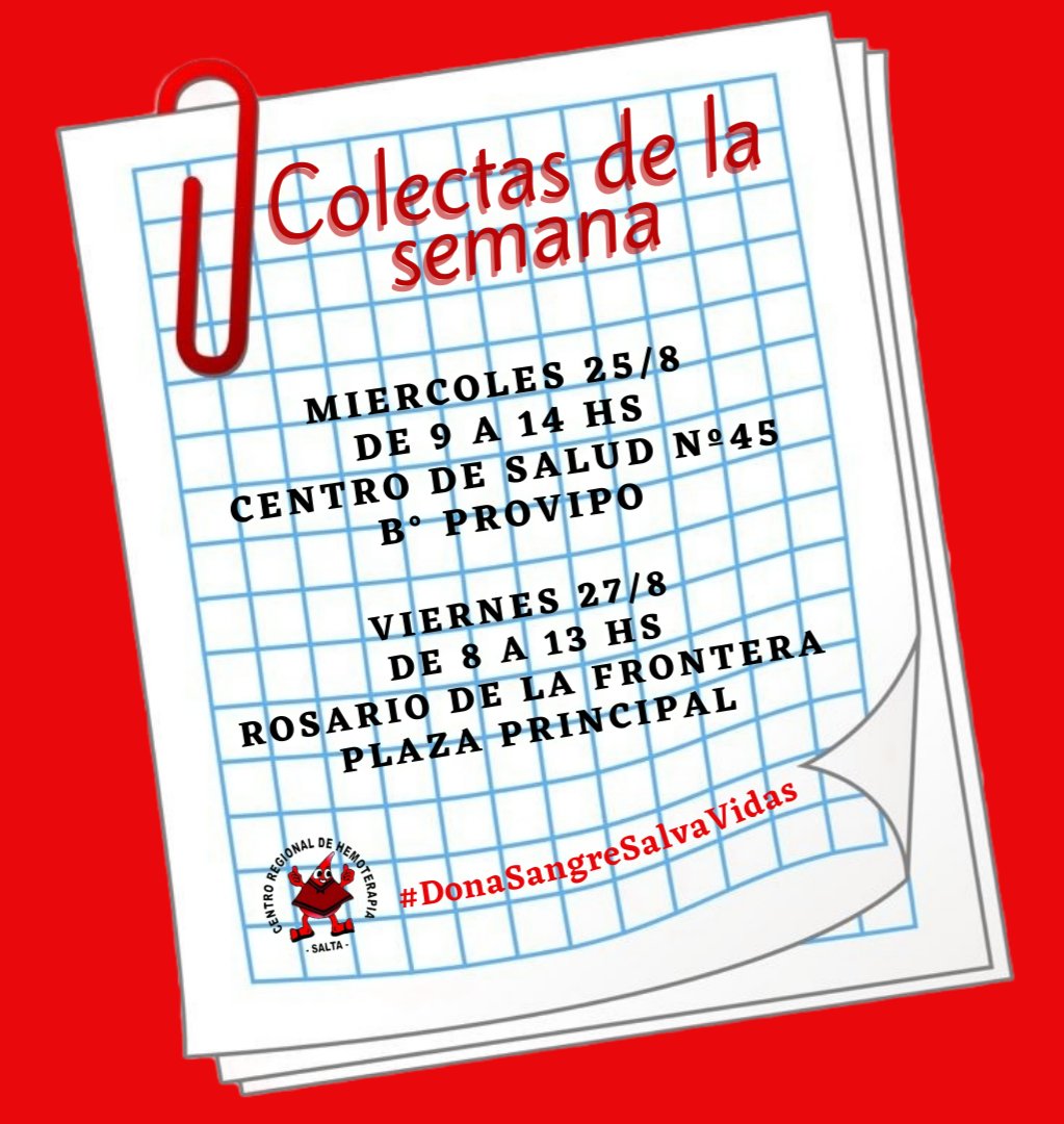 crhsalta's tweet photo. Colectas de esta semana 🚑 💕 
#DonarSangre #SalvarVidas https://t.co/EnGLG5dVjy