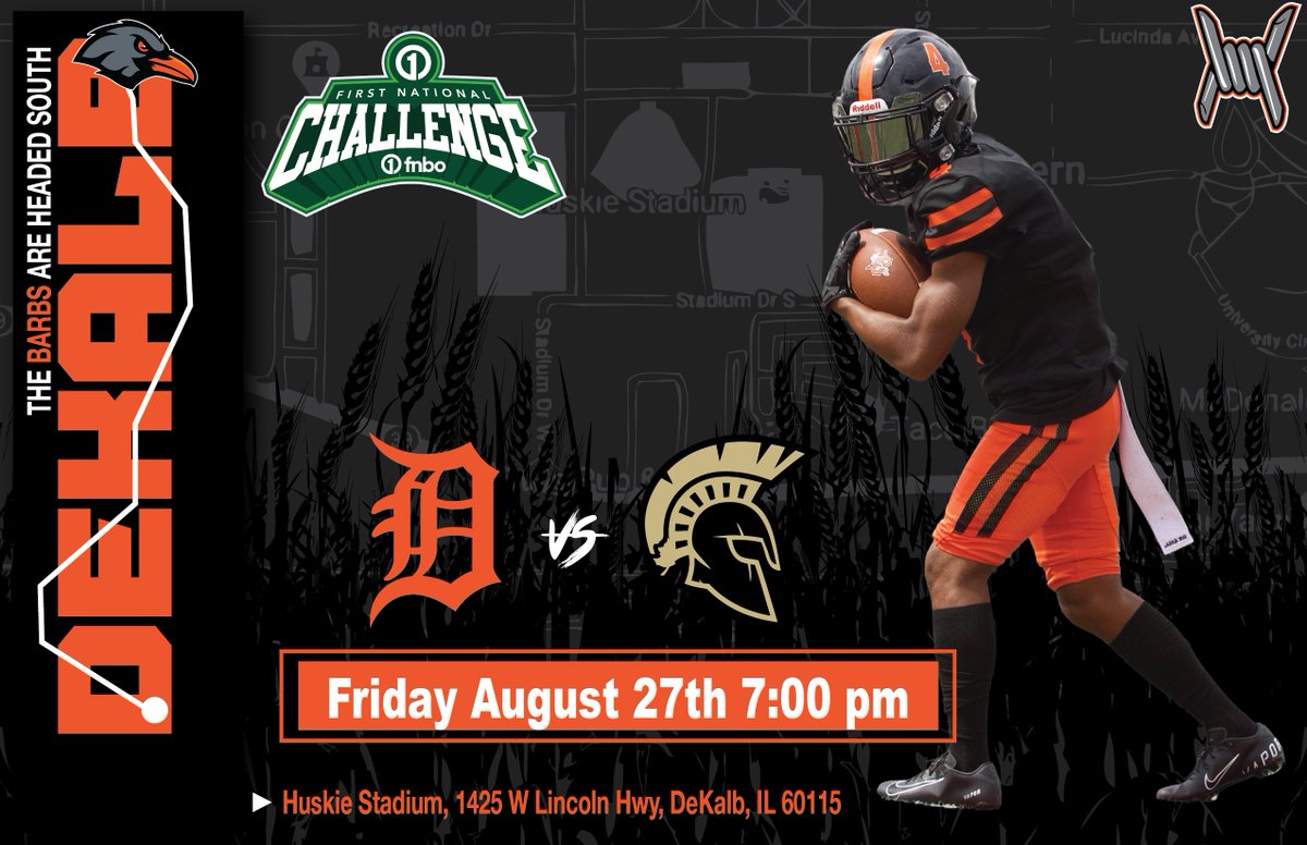🚨BARB 🏈 IS BACK!🚨 DeKalb🧡🖤 takes on Sycamore in the 22nd Annual First National Challenge, Friday at NIU Stadium!🔴⚫ Freshman game at 4pm &amp; Varsity game at 7pm!  
Buy your tickets here! 🎟️🎟️
ow.ly/cjff50FVT41
Support Barb Football Here! 💰💰
ow.ly/wkLs50FVTjM