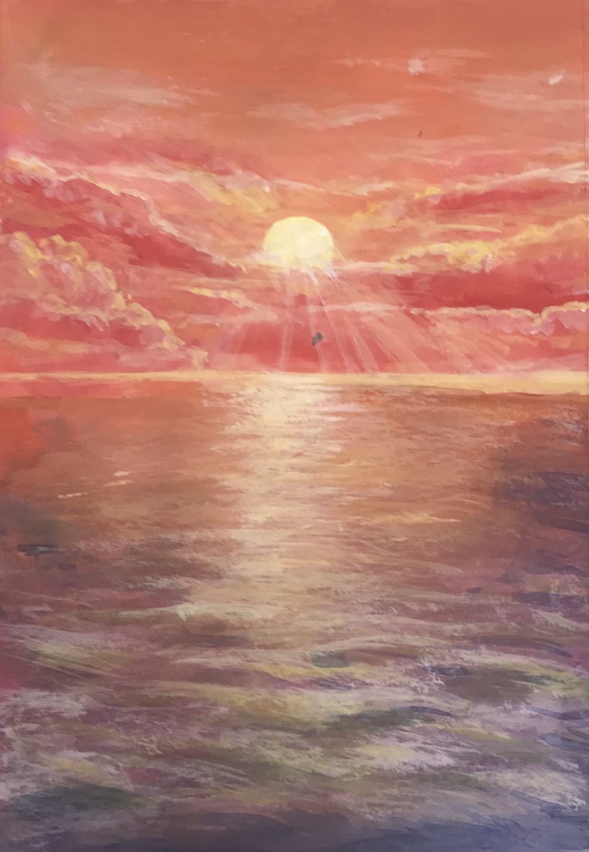 夕日 #アクリルガッシュ #イラスト #海 #空
