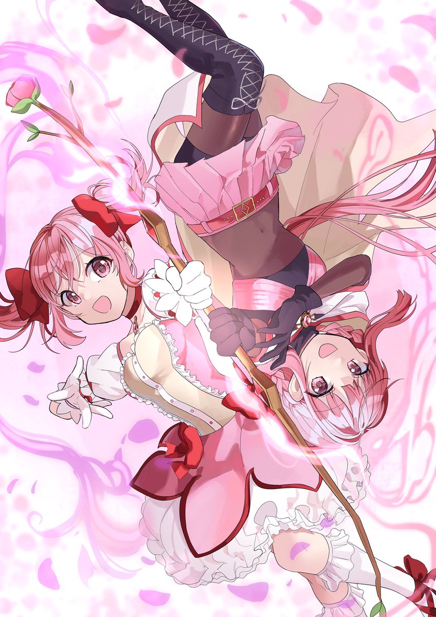 kaname madoka ,tamaki iroha cross-laced footwear multiple girls 2girls skirt pink hair gloves weapon  illustration images