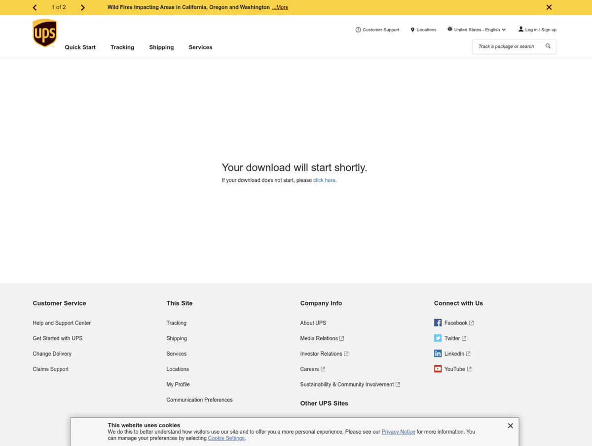 DanielGallagher's tweet image. Just saw one of the best phishing emails I have seen in a long time... 😯 Successful injection in ups[.]com? This one is going to fool a lot of people when you have the actual @UPS website indicating &quot;Your download will start shortly&quot;

urlscan.io/result/d7b28d2…