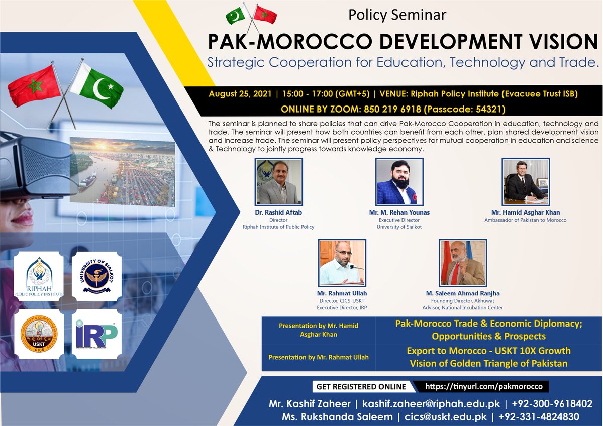 irpnetwork's tweet photo. PAK MOROCCO DEVELOPMENT VISION - Strategic Cooperation for #Education, #Technology and #Trade.
Meeting ID: 850 219 6918 (Passcode: 54321)
https://t.co/ZbUpemMs5n
#InnovationSummit #Summit2021 #Event2021 #PakMorocco #Pakistan #Morocco #AcademiaIndustryLinkages #IRP https://t.co/kDfykDuMb4