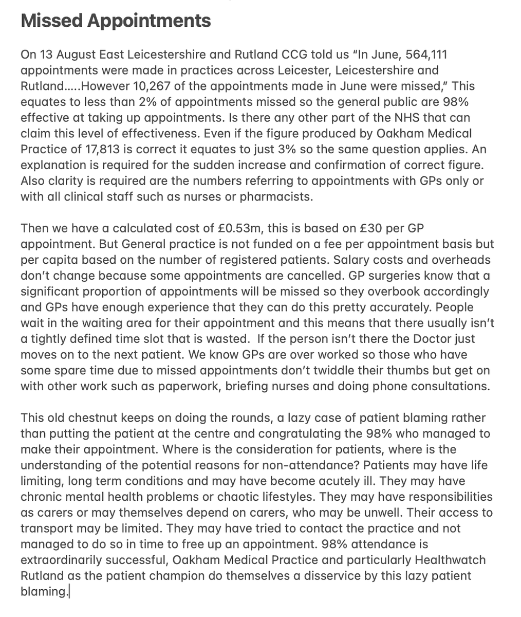 <a href="/MedicalOakham/">Oakham Medical Practice</a> This old chestnut keeps on doing the rounds, a lazy case of patient blaming. 98% attendance is extraordinarily successful, <a href="/MedicalOakham/">Oakham Medical Practice</a> and particularly by retweeting <a href="/HWRutland/">Healthwatch Rutland</a>, as the patient champion, do themselves a disservice by this lazy patient blaming.