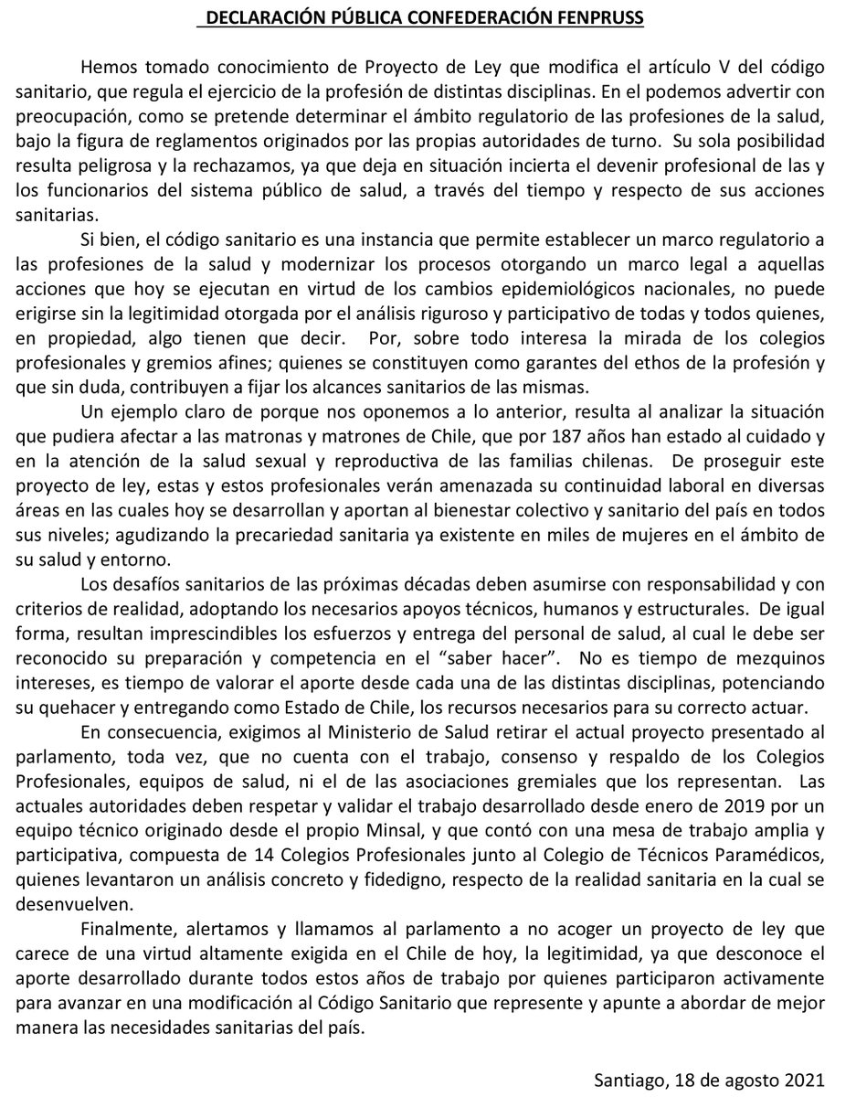 #AlertaTM 🔵 Hoya las y los tecnólogos médicos de nuestro país se encuentran en movilización rechazando el proyecto de Ley que modifica el Código Sanitario. 

Como Fenpruss también nos sumamos a las críticas y apoyamos las acciones de las y los profesionales de la salud.