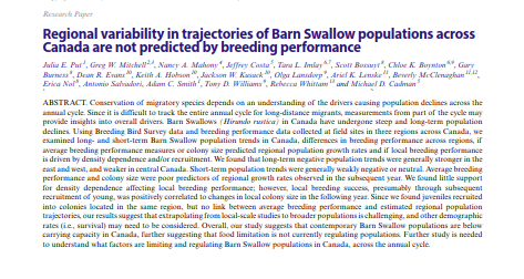 AvianAce's tweet photo. Just published:  Put et al. "Regional variability in trajectories of Barn Swallow populations across Canada are not predicted by breeding performance" https://t.co/jhNIAj6VdT
#ornithology https://t.co/LTgjebIzan