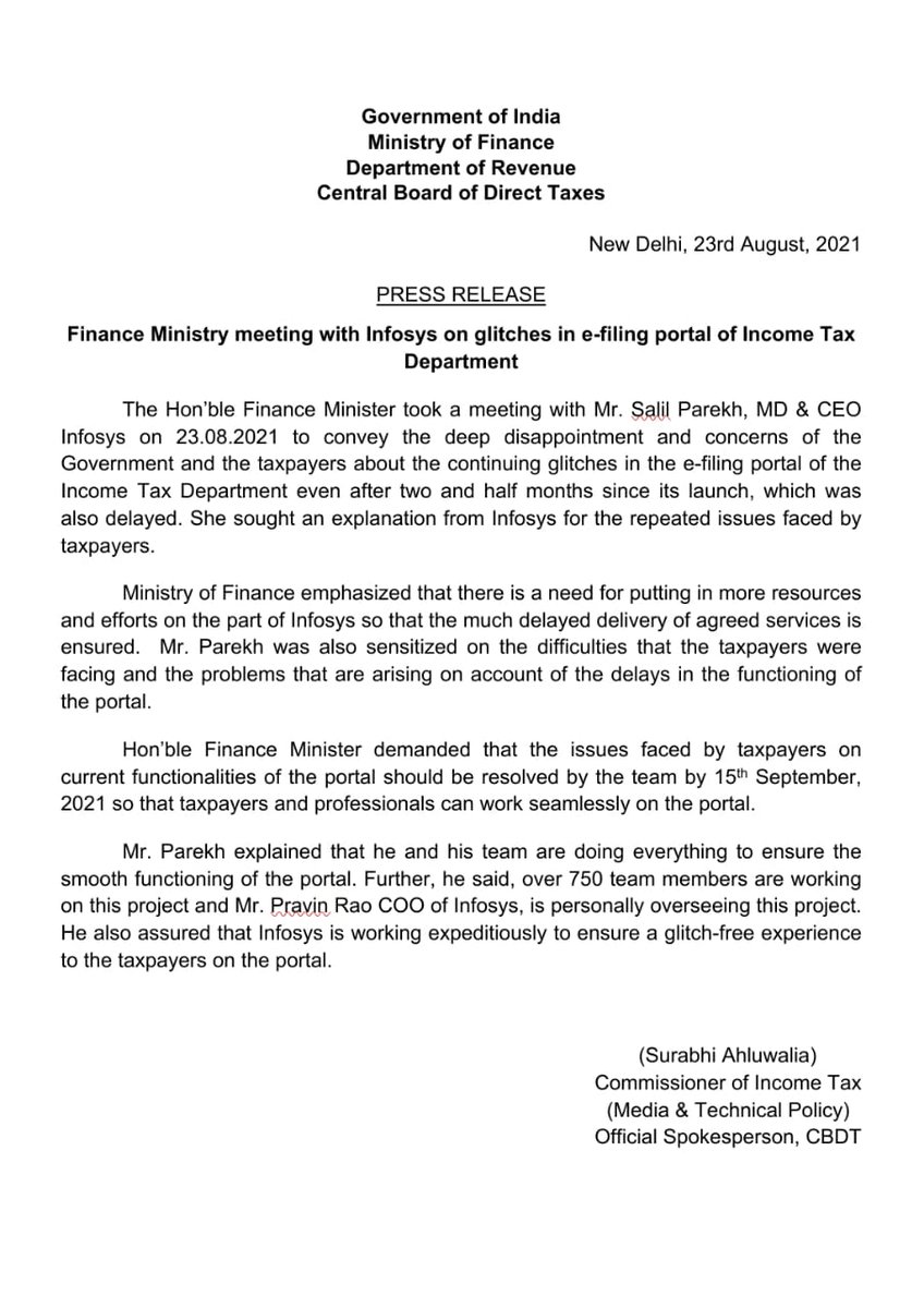 IncomeTaxIndia's tweet image. Hon'ble FM met Mr Salil Parekh MD&amp;amp;CEO @Infosys today &amp;amp; conveyed the deep disappointment &amp;amp; concerns of the Govt &amp;amp;taxpayers about continuing glitches in the new e-filing portal of ITDeptt. While seeking explanation from Infosys,FM demanded that the issues be fixed by 15th Sep,2021.