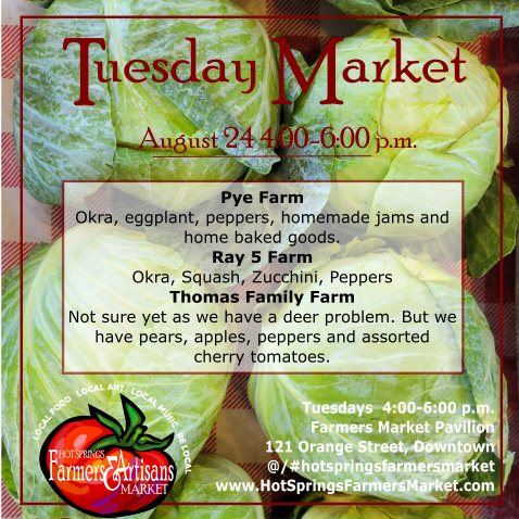 HS_FarmersMkt's tweet photo. The #hotspringsfarmersmarket is open Tuesdays from 4 to 6 p.m. #eatlocal #downtownhotsprings #farmersmarket https://t.co/ZcGGHgSQxf