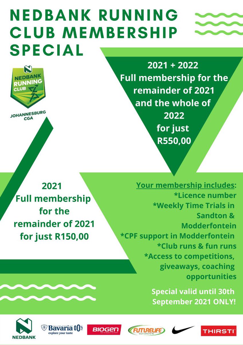 cg_nedbank's tweet photo. 💥 MASSIVE MEMBERSHIP SPECIAL 💥

We have an amazing membership special valid until 30th September only! 

If you're running CT Marathon and need a licence 👆 this is for you! 

If you're not a member, sign up today 
@ThirstiW @futurelifeza  @Nike  @BiogenSA  @Bavaria_ZA https://t.co/QKyl8jebpy