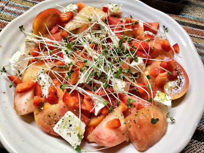 桃とトマトとチーズのサラダ的なやつ、再現してみたけど何か微妙な所が違うくて、それが決定的になって全体がマッチしてない。なんだ……?似てるけど違うものになってる… 