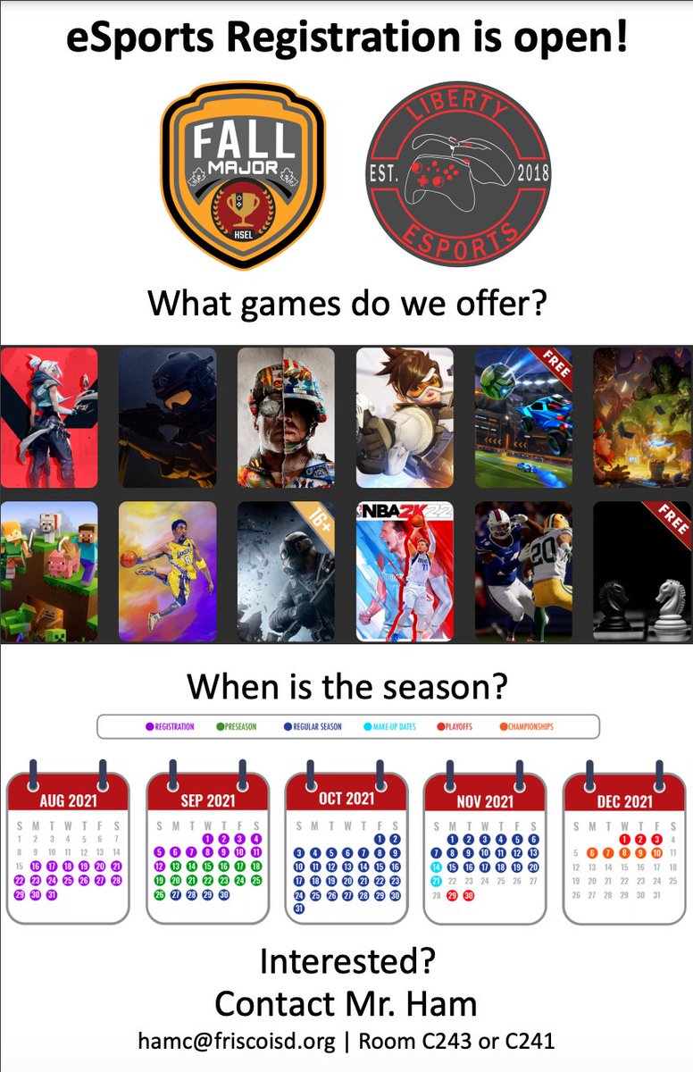 Esports registration for fall season is now open! If you're interested in competing, contact Mr. Ham at hamc@friscoisd.org or in room C243/C241
#LibertyLearns #OurFISDStory #Esports #EsportsClub #HSEL <a href="/ChrisDHam/">Chris Ham</a>