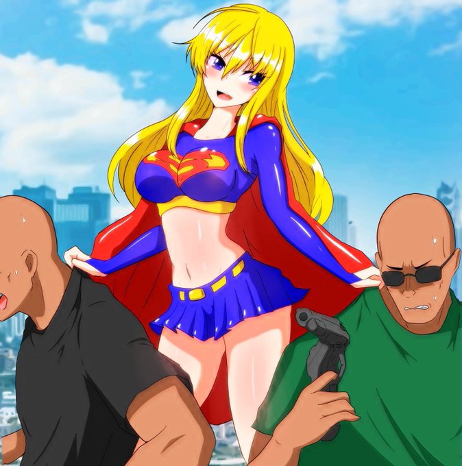 アジトに乗り込み武装したチンピラを懲らしめたスーパーガール描きました 