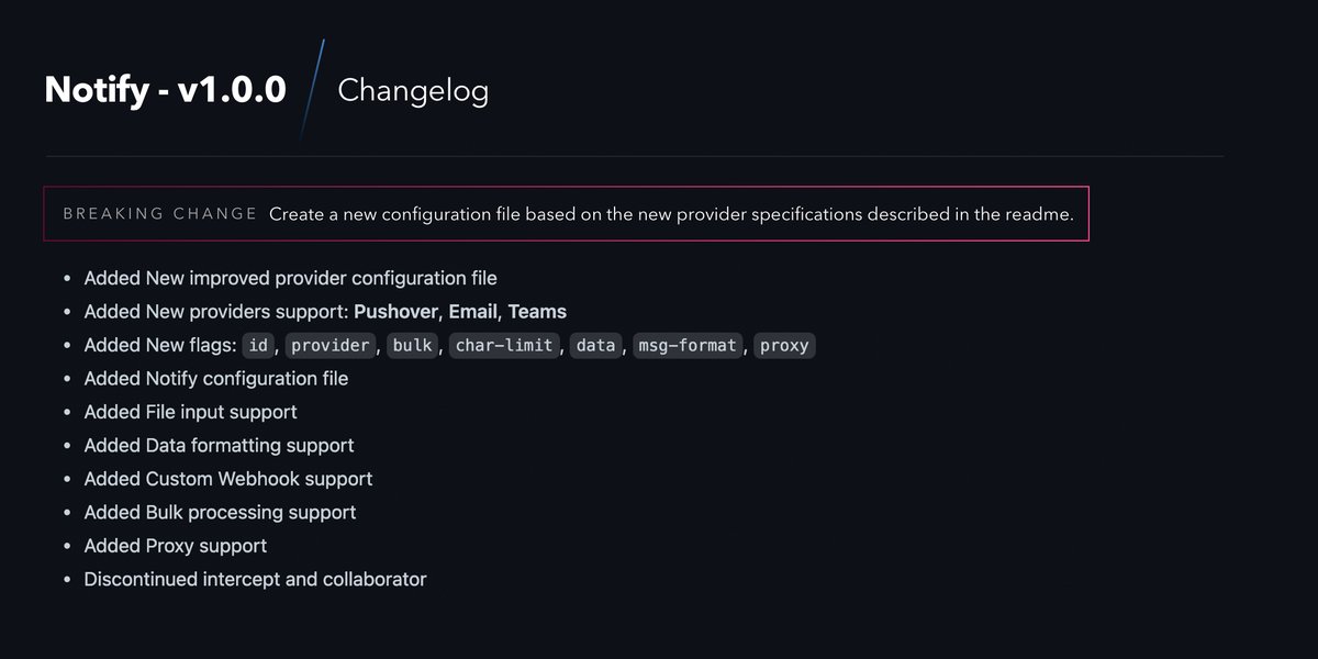 [RELEASE-UPDATE] - Notify v1.0.0

🎯 New Features
💪 More Providers
😉 Easy to Use

github.com/projectdiscove…

#hackwithautomation #opensource #bugbounty