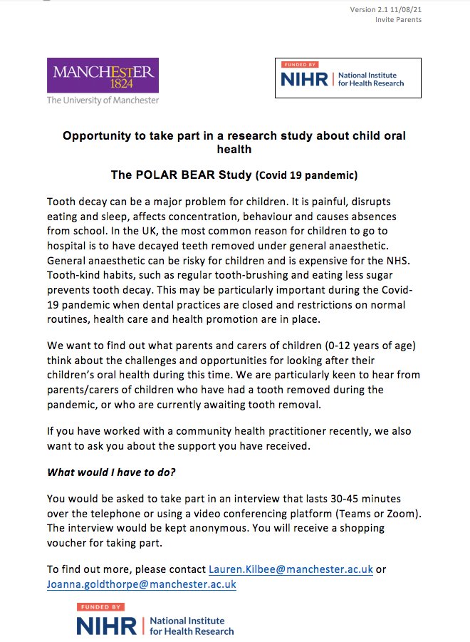 We want to find out what #parents and #carers of children (0-12 years of age) think about the challenges and opportunities for looking after their children's #OralHealth during the Covid-19 pandemic. 
Please see the poster below for more information: