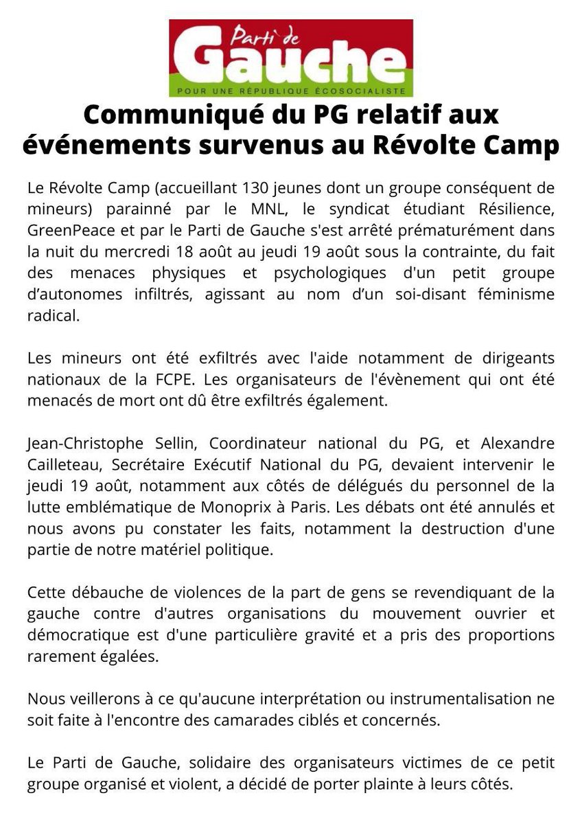 LePG's tweet photo. Communiqué du PG concernant les événements survenus sur le Revolte Camp – Le Parti de Gauche

➡️https://t.co/3IvTASqJxn https://t.co/EdxBjdblEl