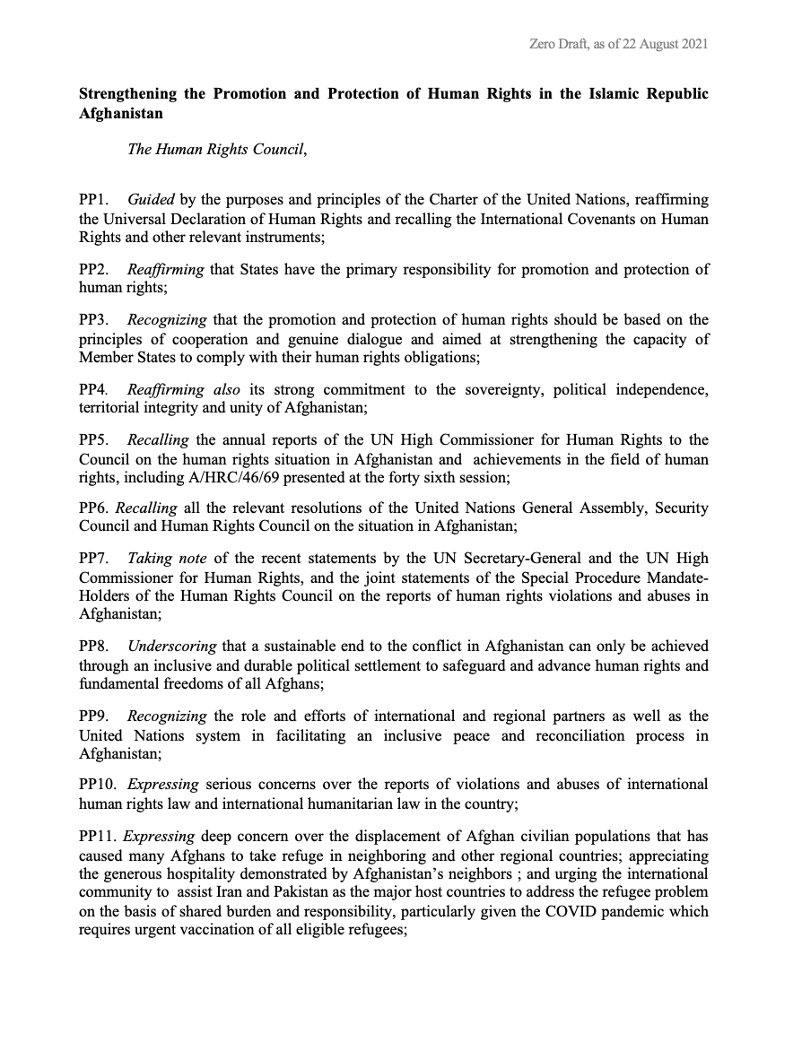 HillelNeuer's tweet photo. BREAKING: We got the draft resolution for tomorrow's UNHRC session on Afghanistan, which is led by Taliban-supporting Pakistan.

The text is a sham:
—No condemnation of Taliban crimes, word not even mentioned
—Iran &amp; Pakistan are praised
—Blames "military interventions" (i.e. US) https://t.co/0K0LHlux7V