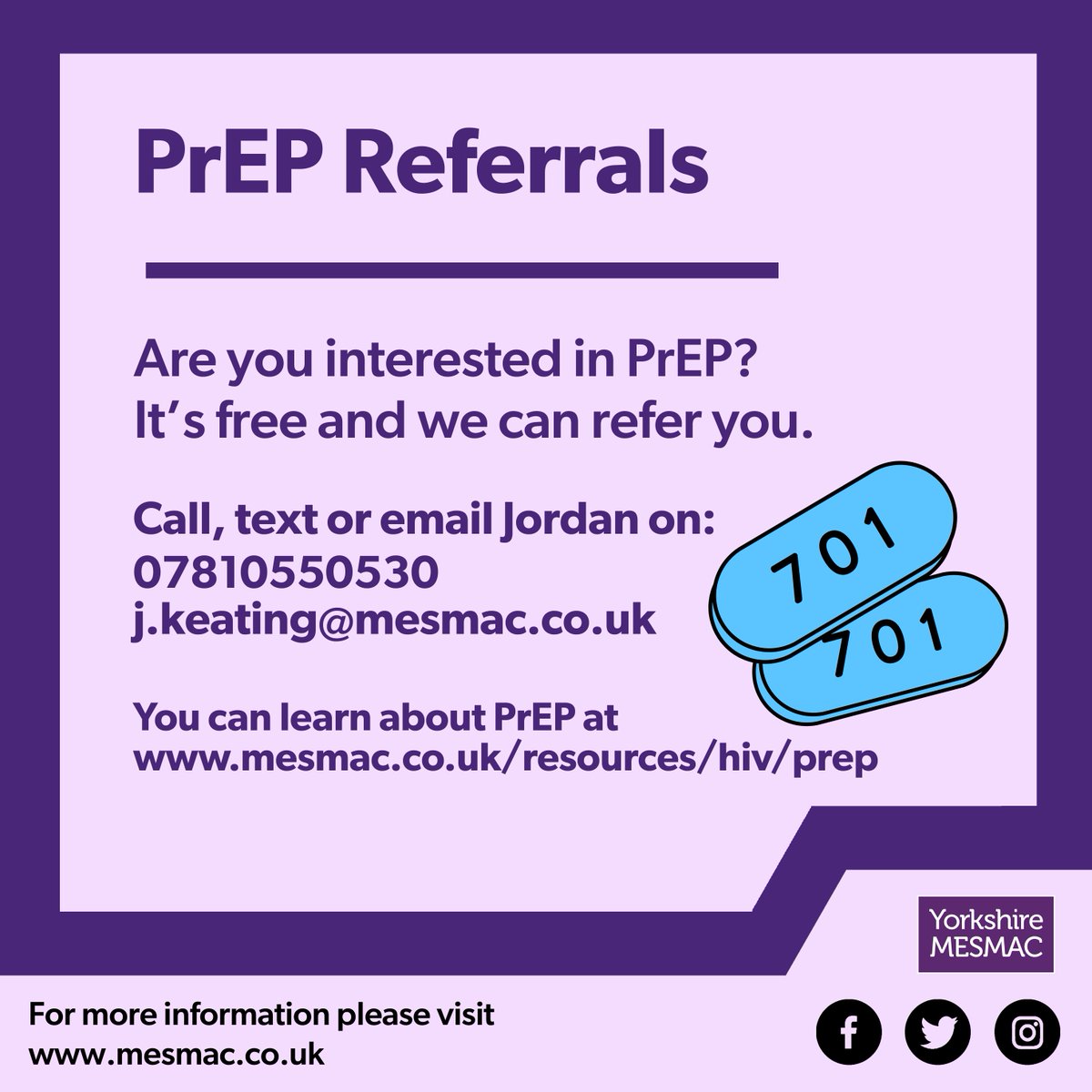 MesmacLeeds's tweet photo. We can refer you for #PrEP. Get in touch with Jordan on 07810550530 or j.keating@mesmac.co.uk.
You can learn more about PrEP at: https://t.co/ZN1o2wKGyQ
#HIVPreventation #GetPrEP https://t.co/VaJtQ8Dum4
