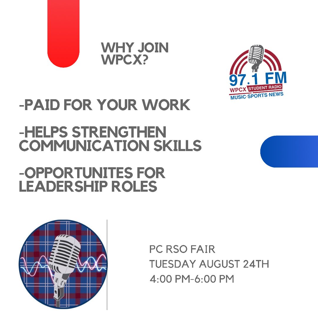 🚨NEW PC STUDENTS🚨 Are you planning to come to the RSO fair tomorrow at 4:00 PM? If so, please stop by the WPCX table and join us for the following benefits:
