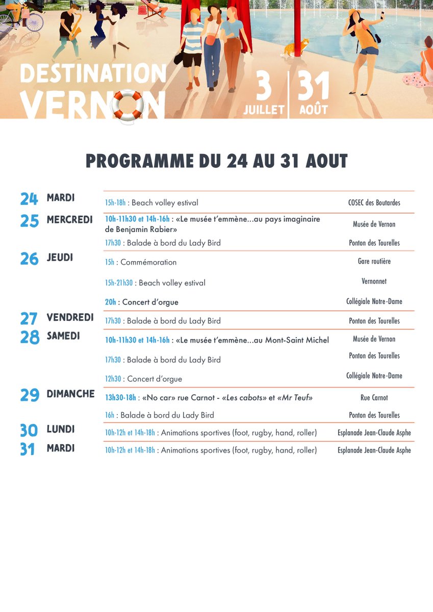 VilledeVernon's tweet photo. 📣 Dernière ligne droite pour cette édition de #DestinationVernon  ! 🤩
Jusqu'au 31 août il est encore de profiter des multiples activités ! 😎
Découvrez le programme sans plus attendre ⬇️ https://t.co/bFq5H0EwIA