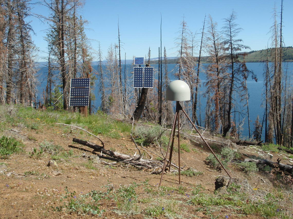 GPS monitoring station P709 is located on The Promontory between the South Arm and Southeast Arm of Yellowstone Lake. It was installed in 2005 as part of the Yellowstone component of the National Science Foundation's Plate Boundary Observatory (PBO) under permit YELL-SCI-5546.
