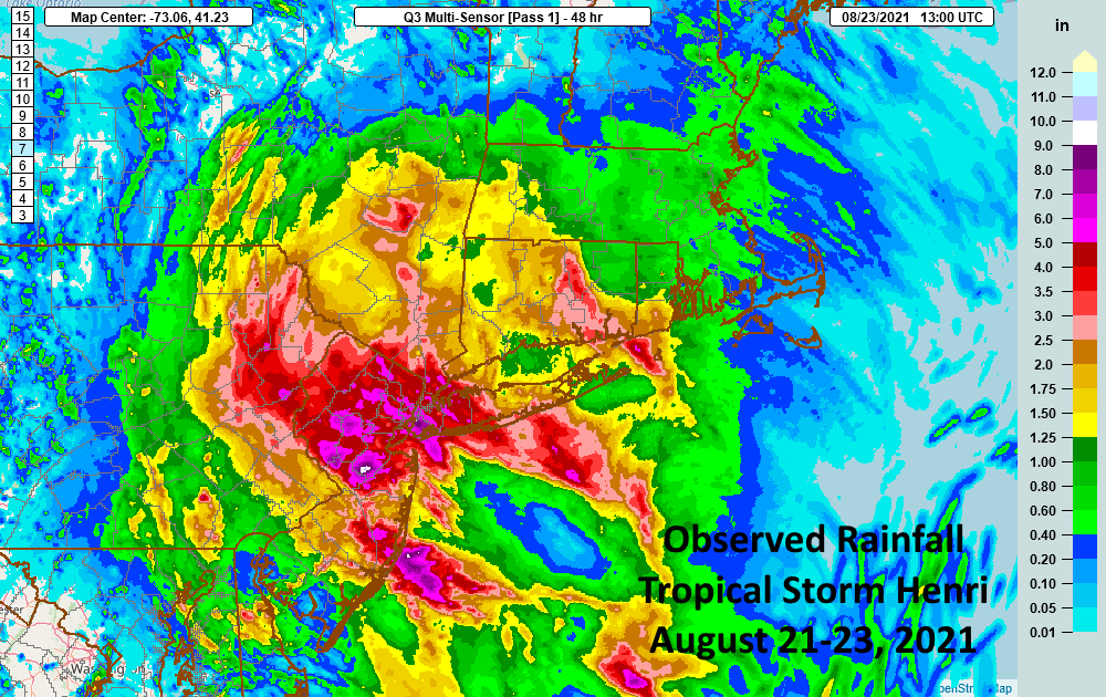 NWSEastern's tweet photo. Rainfall totals from Henri as of 9 am Monday August 23rd. https://t.co/p6v8hR7fOh