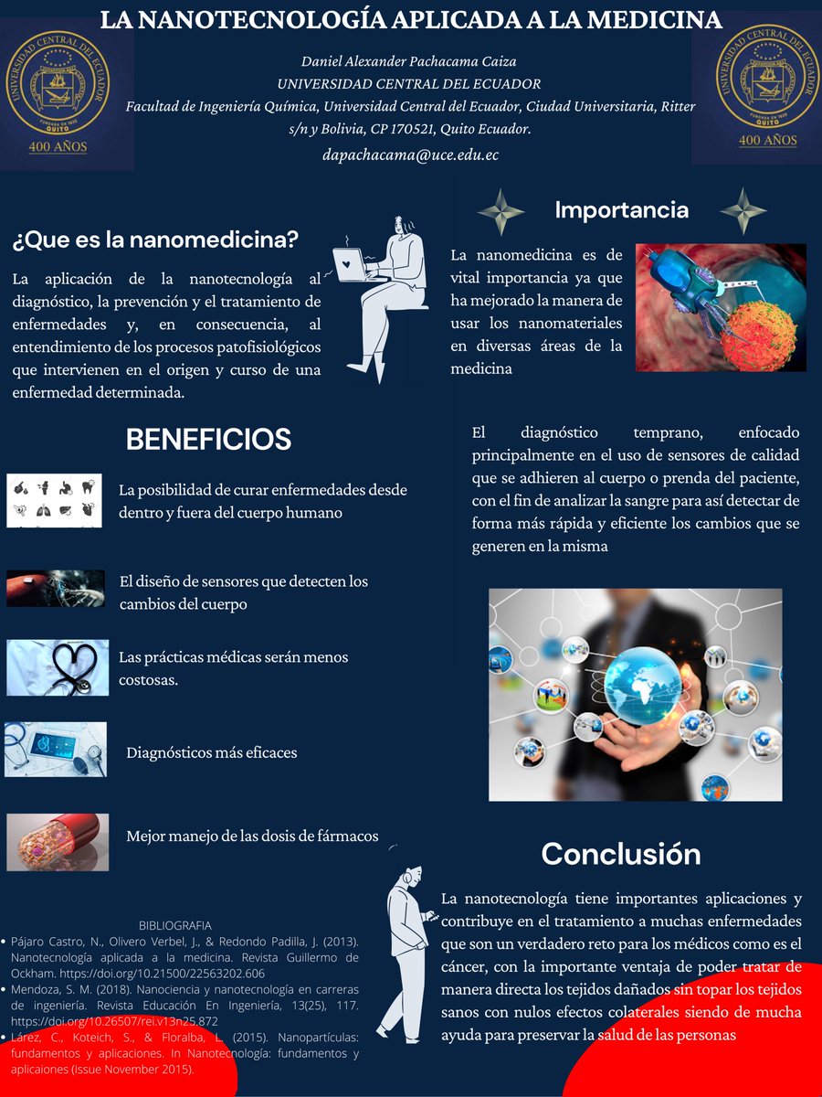 DanielPachacam4's tweet photo. ¿Sabias que la nanotecnología es de gran importancia en el ámbito medicinal ? ¿ Cuáles son sus beneficios? ¿ es realmente importante para la medicina? acompáñanos en esta nueva nanoaventura para descubrirlo😀
#YoDivulgoFIQ
#CienciaFIQ
#SéInvestigarSoyCentral
#SoyCentral https://t.co/vlK50lIQae