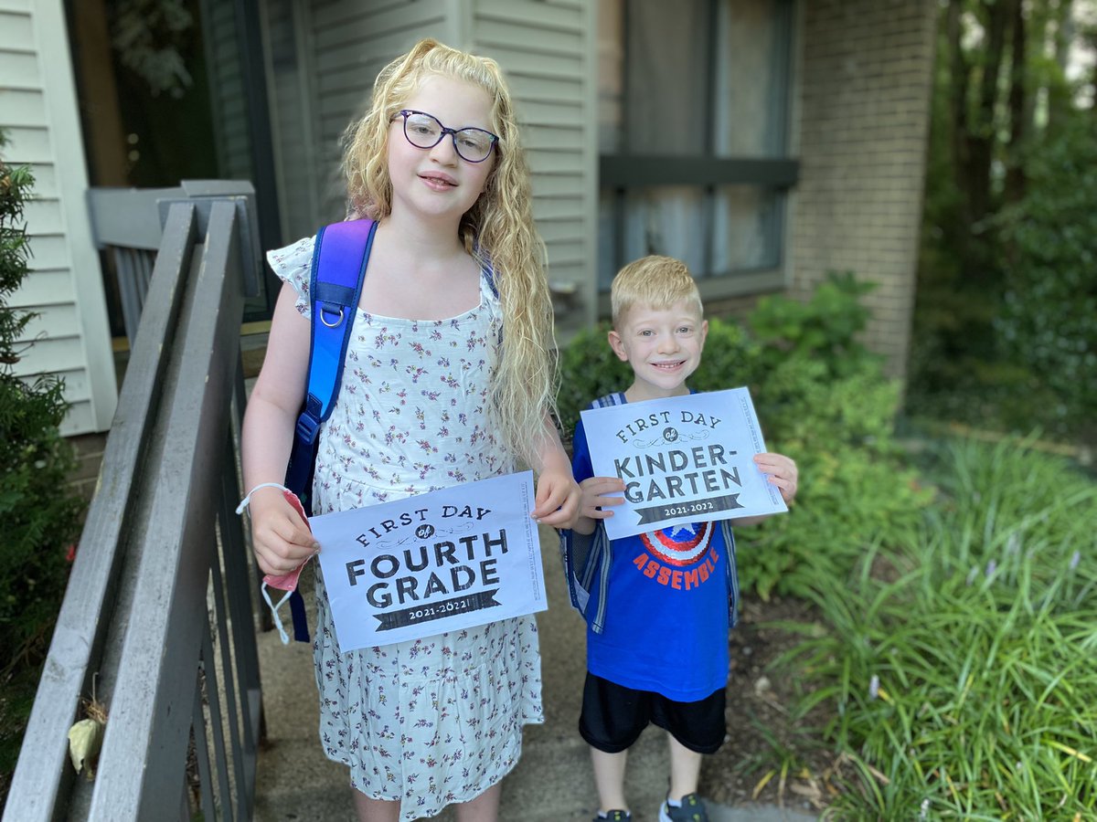CourtneyKorb's tweet photo. After being out of the school building for the last 18 months we are so happy and excited (and maybe a little nervous) to send these two off to school today! I know they will have the best day ever! #firstdayfairfax https://t.co/nYA6n9y1cj