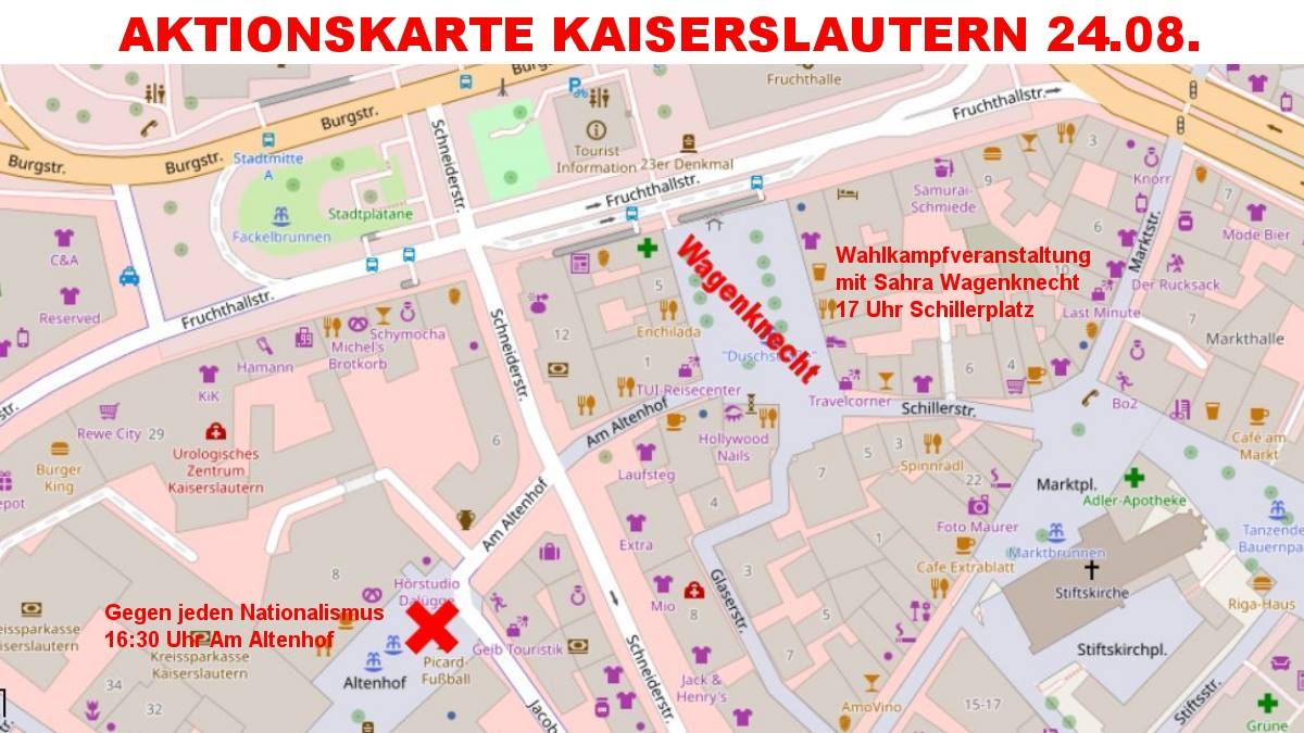 Morgen soll Sahra #Wagenknecht auf einer Wahlkampfveranstaltung von <a href="/dielinke_rlp/">DIE LINKE Rheinland-Pfalz</a> ab 17 Uhr auf dem Schillerplatz in #Kaiserslautern sprechen. Nun wurde wegen ihrem Auftritt eine antifaschistische Kundgebung "Gegen jeden Nationalismus" auf dem Altenhof angekündigt. 
#kl2408