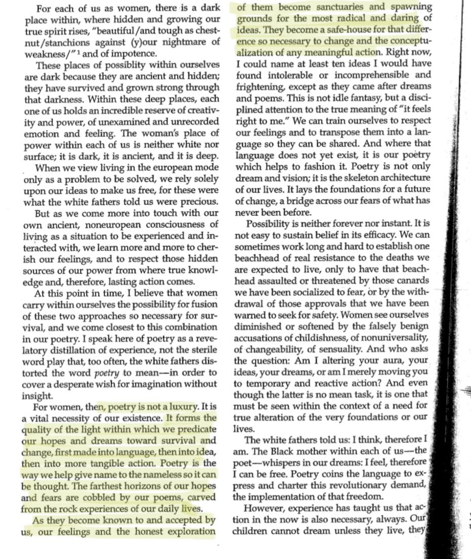 tmccormick's tweet image. &quot;Poetry is the way we help give name to the nameless so that it can be thought…sanctuaries and fortresses and spawning grounds…the safe-house of that difference so necessary to change..&quot;
-#AudreLorde, &quot;Poetry Is Not a Luxury, 1985.
sites.utexas.edu/lsjcs/files/20… #seealso