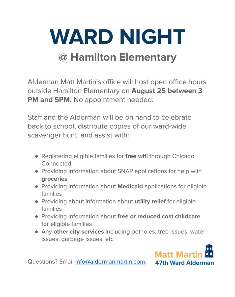 We are so excited to have Alderman Matt Martin <a href="/AldMattMartin/">Alderman Matt Martin</a> joining us for our BBQ on Wednesday.  We can't wait to bring our community together!