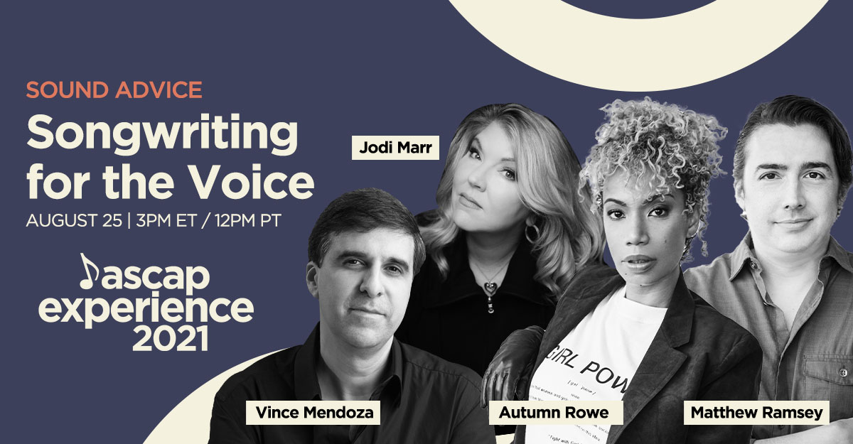 ASCAP's tweet photo. #ASCAPExperience is happening this Wed Aug 25!

Songwriting for the Voice panel w/ composer-arranger @vmendozajazz, vocal coach @mattramseyvoice, writer-producer/DJ @AutumnRoweMusic &amp; moderator @JodiMarr discuss what makes a song singable. 

FREE RSVP: https://t.co/tiORwm4hOH https://t.co/HyusNARr82