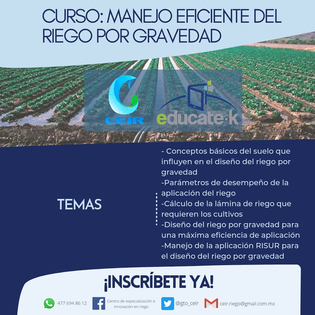 ¿Sabias que la agricultura se lleva la mayor parte del agua? Es de suma importancia cuidar cada gota en los cultivos y tener un riego eficiente.
Participa en el curso con los mejores especialistas. Manejo Eficiente del Riego por Gravedad

#SemanaMundialDelAgua
#agua #Onlineclass