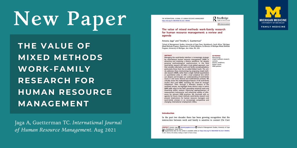 U-M Family Medicine (@umfamilymed) on Twitter photo 👏 Congrats to <a href="/UCT_news/">UCT</a>' Ameeta Jaga & our very own @tc_g for their recent publication in <a href="/IJHRM_journal/">IJHRM</a>! 
Their article highlights the ability of mixed methods research to deepen understanding of work-family issues in diverse, multinational contexts. 
bit.ly/3y5FNwQ 👏 Congrats to <a href="/UCT_news/">UCT</a>' Ameeta Jaga & our very own @tc_g for their recent publication in <a href="/IJHRM_journal/">IJHRM</a>! 
Their article highlights the ability of mixed methods research to deepen understanding of work-family issues in diverse, multinational contexts. 
bit.ly/3y5FNwQ