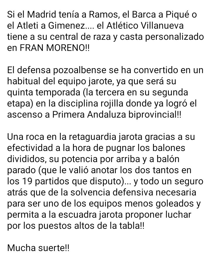 Si el Madrid tenía a Ramos, el Barca a Piqué o el Atleti a Gimenez.... el Atlético Villanueva tiene a su central de raza y casta personalizado en FRAN MORENO!!