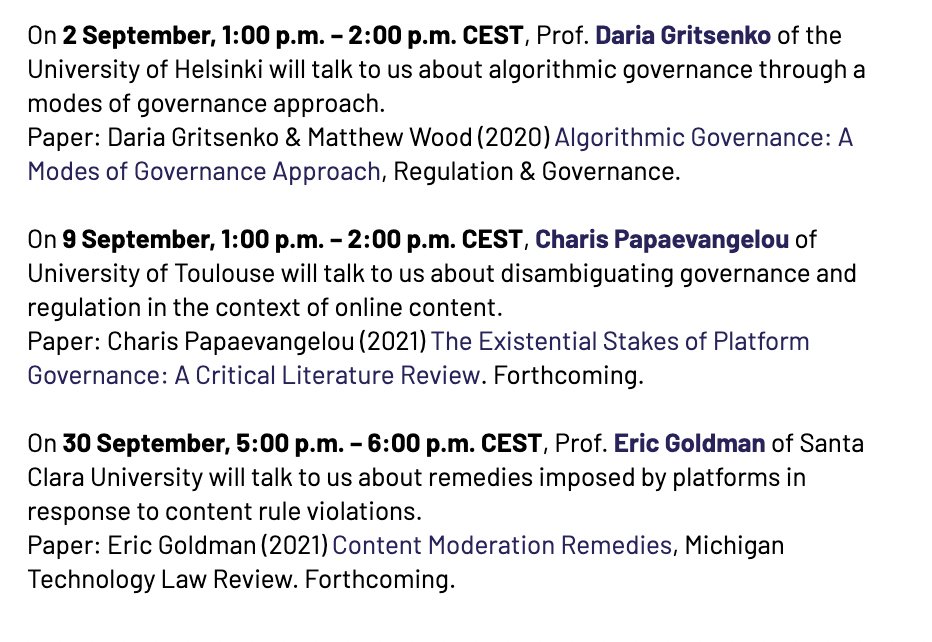 Three more events in our <a href="/BredowInstitut/">Leibniz-Institut für Medienforschung</a> Private Ordering Perspectives series charting the field of content governance globally, organized by <a href="/morar/">david, now streaming, only on morar+</a> and myself - algorithmic governance, governance vs.  regulation, and platform remedies against rules violations