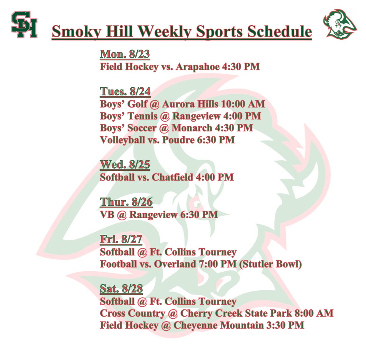 SmokySports's tweet photo. It is a busy week in sports at Smoky Hill, here is the schedule. GO BUFFS!!! @aurorasports @ClarenceBuff @CCSDATHACT1 @SmokyNow https://t.co/3IJZTexH8x