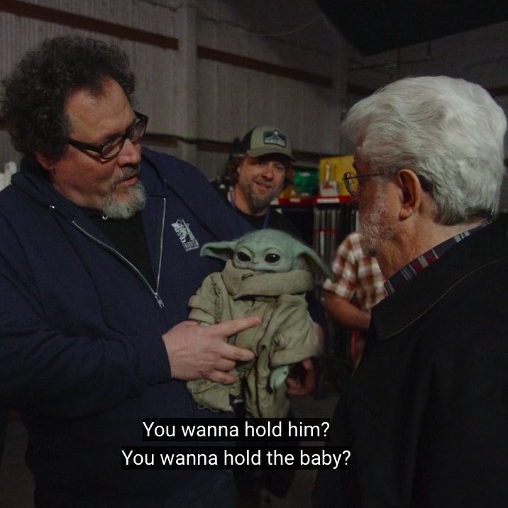 REYSKYGOAT's tweet photo. George Lucas meeting Grogu on the set of The Mandalorian. What a moment. https://t.co/KG5HFEfNed