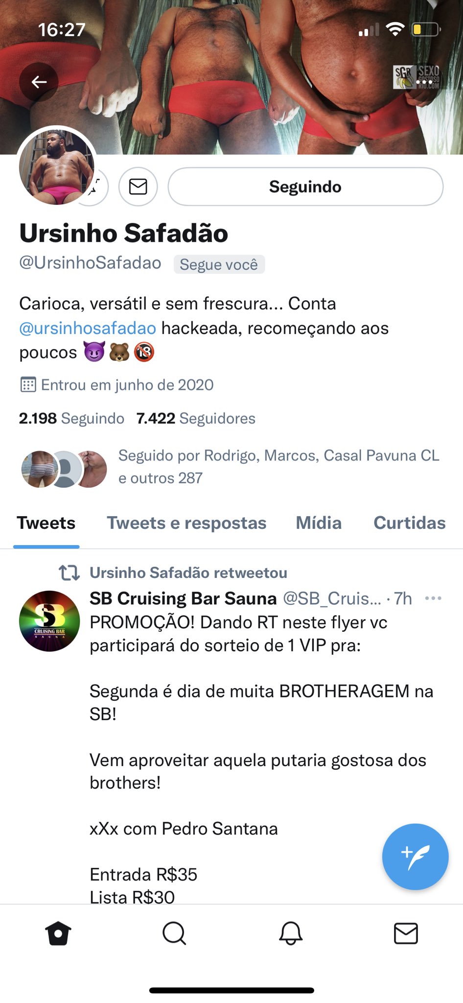 SB Cruising Sauna on X: O ganhador do VIP pra BROTHERAGEM de hoje é  @UrsinhoSafadao Obrigado a todos e boa diversão! t.co3vamllYjfn   X