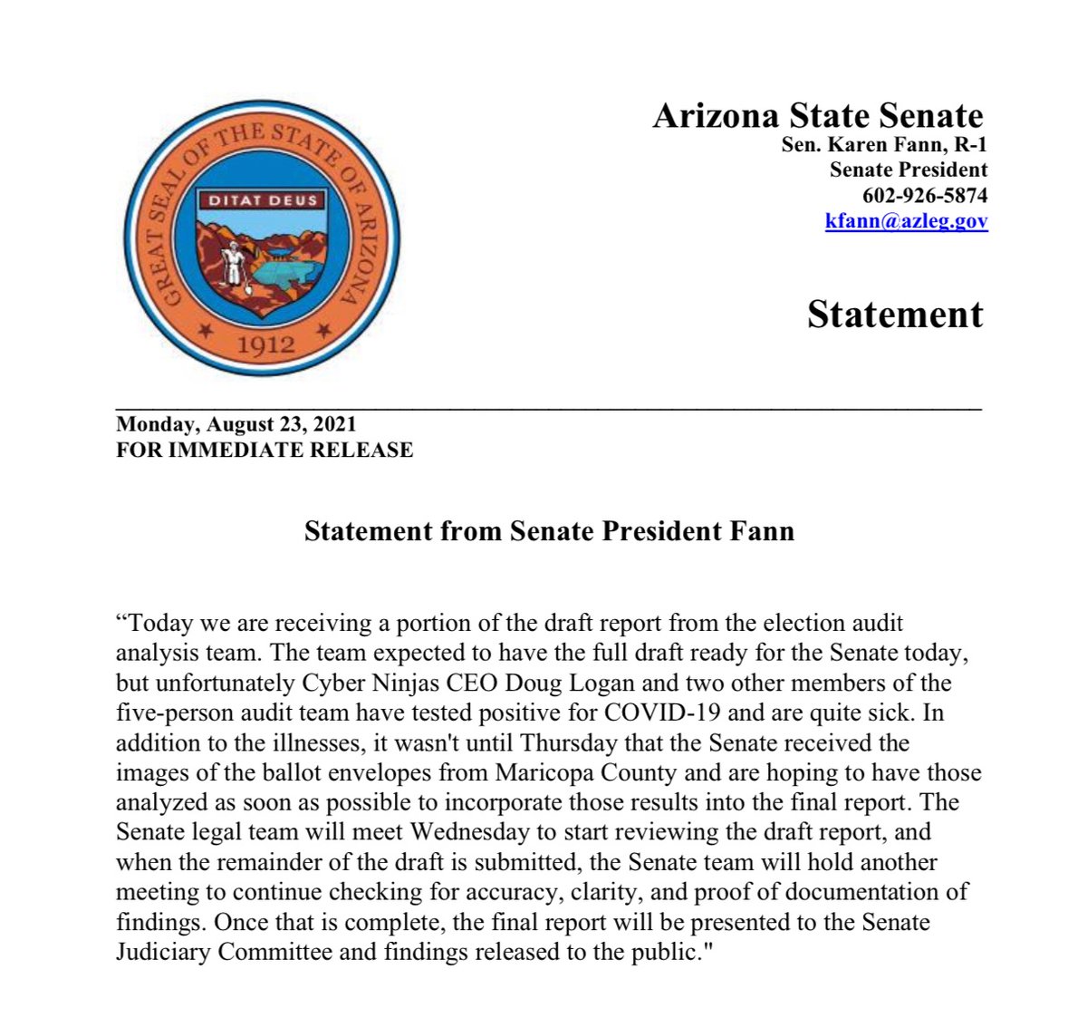 FOR IMMEDIATE RELEASE: Statement from Senate President <a href="/FannKfann/">Karen Fann</a> 

#AZSenate #Audit