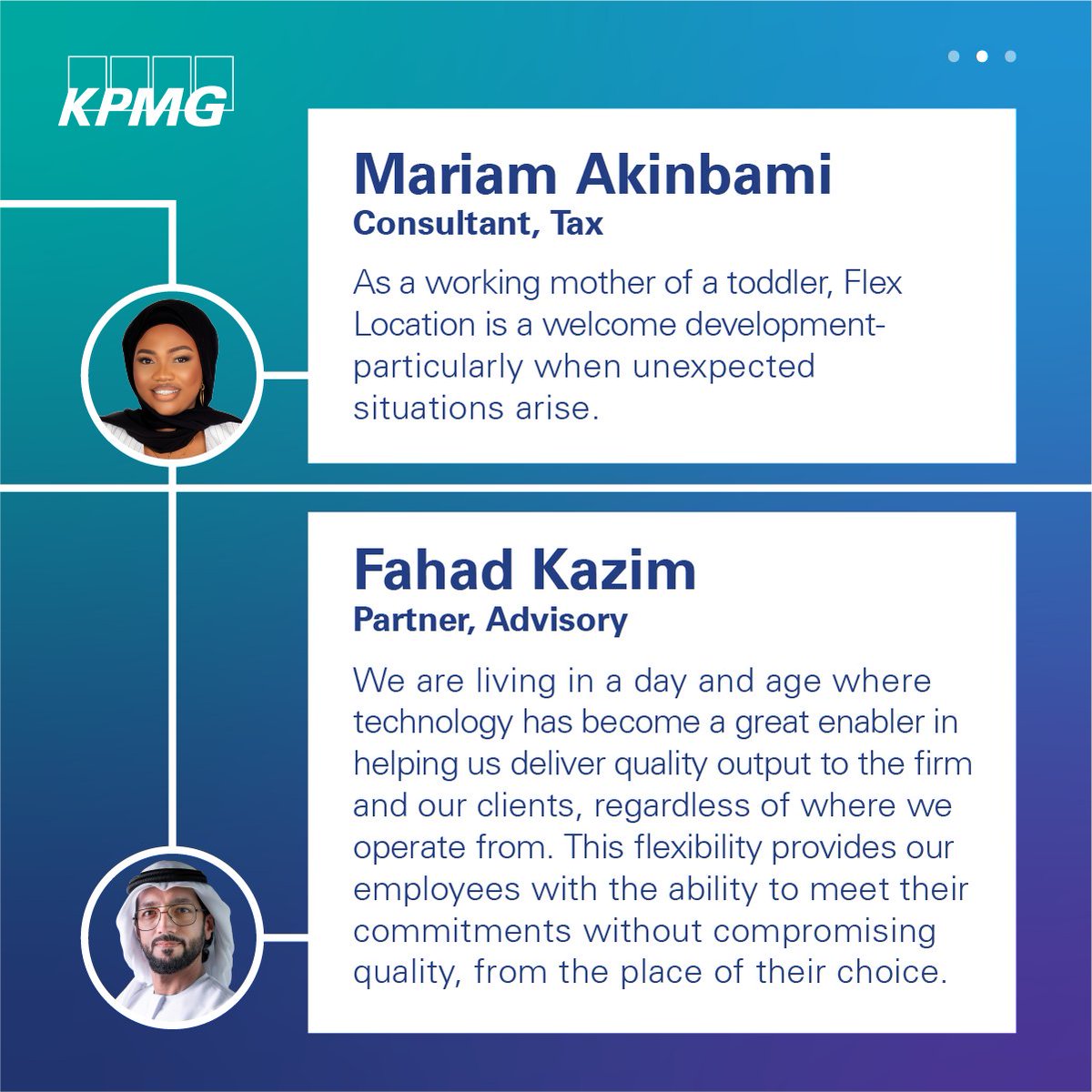 kpmguaeoman's tweet photo. Through our new hybrid work focus, we empower our people to control how, when and where they work, with the aim to boost their productivity and comfort. Here’s what our employees had to say about its introduction. 
#employeeproductivity #flexibleworking #peoplefirst #kpmgproud https://t.co/QoCQJn2jZX