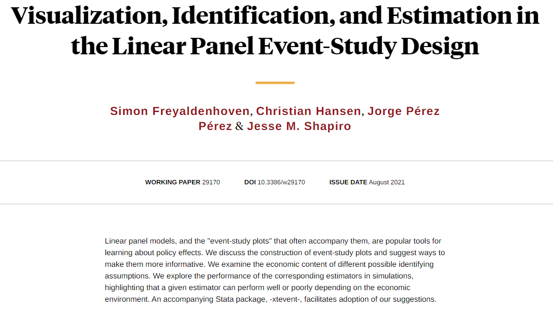 nberpubs's tweet photo. Ways to make event-study plots more informative and an evaluation of different approaches to identification. Also refer to the accompanying Stata package, xtevent, from Simon Freyaldenhoven, Christian Hansen, @jorpppp, and Jesse M. Shapiro https://t.co/kQscRZ7XIz https://t.co/Q8lXjycOk3