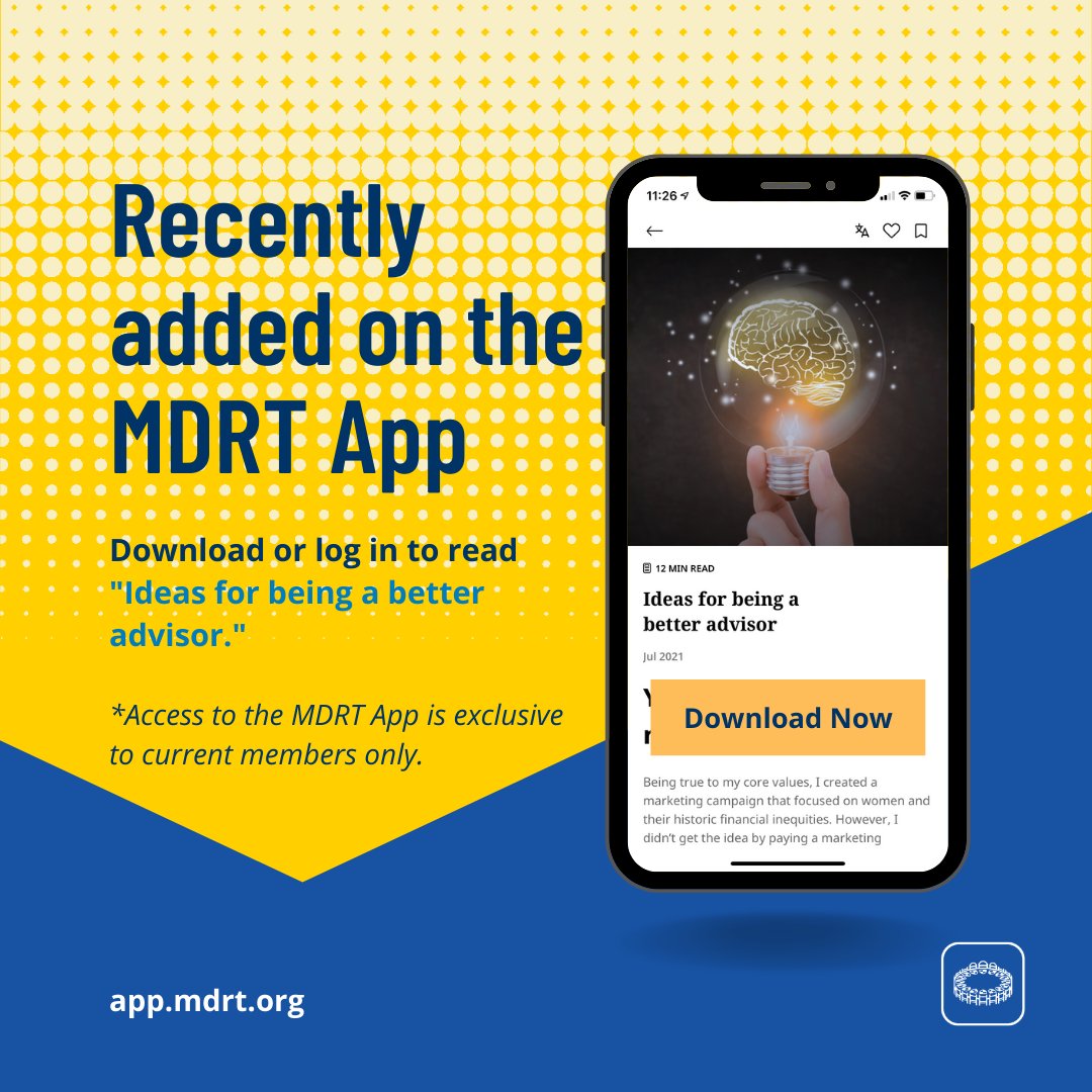 MDRtweet's tweet photo. Discover recently added content daily in the #MDRTApp like "Ideas for being a better advisor." Download or log in to read it now: https://t.co/VmsuqyFK7U https://t.co/NHcGADC0oU