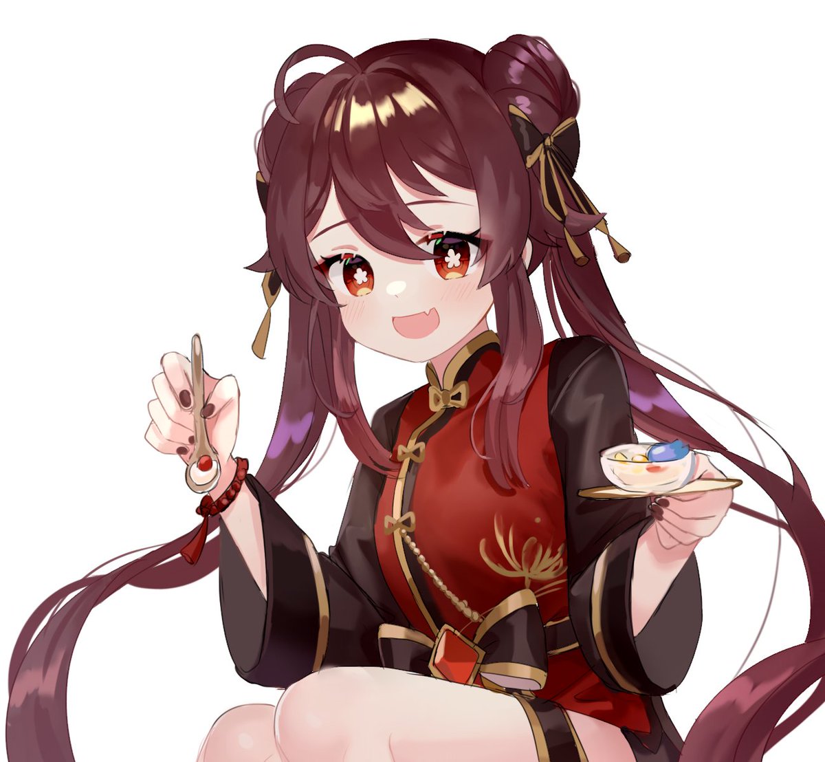 hu tao (genshin impact) 1girl spoon twintails brown hair solo chinese clothes smile  illustration images