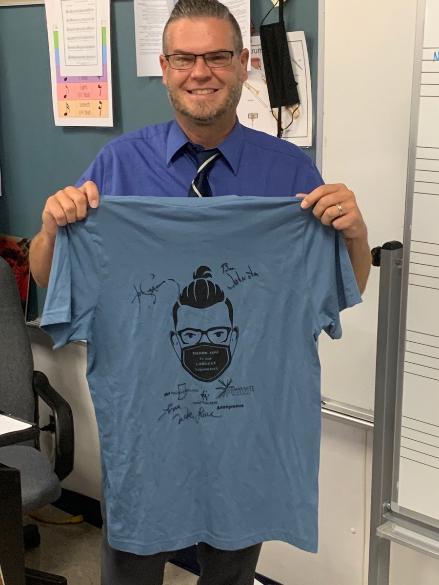 Thanks to John Stamos, who allowed us to be guests at his concerts in Indy &amp; Chicago this weekend. We presented him with a North White Music Department shirt. Thanks to John, Bruce Johnston and Mike Love for signing a shirt that will hang in our music department.