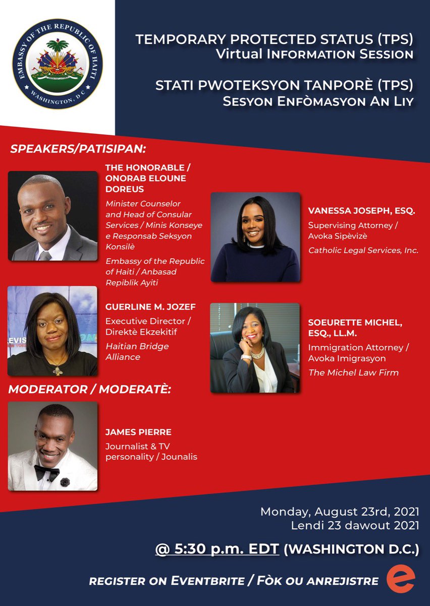 Reminder: HAPPENING TODAY! 
Join us for an informative discussion about #TPS for Haitians.  
Click on link for registration 
 eventbrite.com/e/temporary-pr…