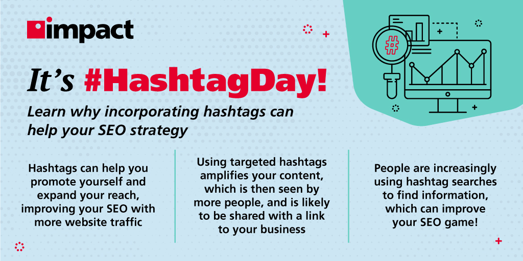 ImpactMyBiz's tweet photo. SEO is extremely powerful and beneficial to your business. ⚡
For #HashtagDay, we wanted to share the importance of using hashtags to help your SEO strategy. Drop your favorite hashtag in the comment section below!
#hashtags #branding #marketing #SEO #seopractices #titletags https://t.co/f4OPfyoEAX