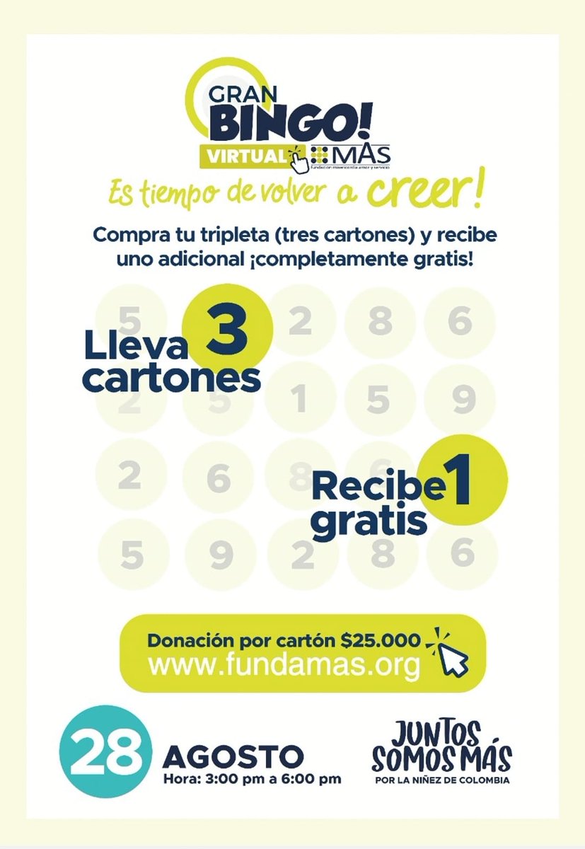 fundamascol's tweet photo. ¡Entre más ayudes, más oportunidades de ganar! 🤩 Lleva tres cartones y recibe uno gratis. Realiza tu donación por cartón en https://t.co/fTVOjfcq67 y prepárate para el Gran Bingo Virtual MAS. 🥳 https://t.co/jtgDzS2Uim
