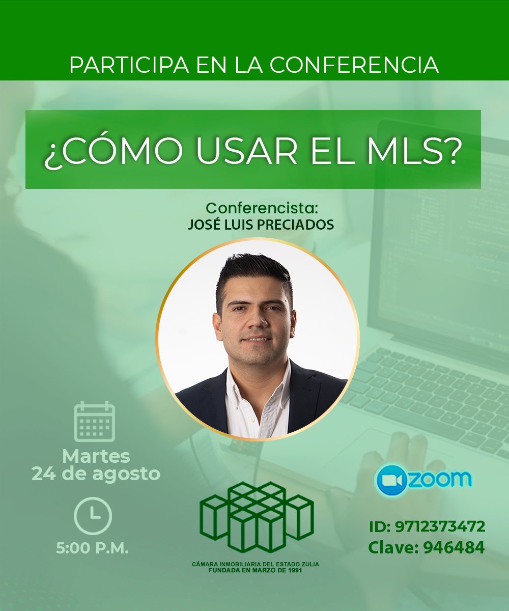 Participa en la conferencia
¿Cómo usar el MLS?
Dictada por el conferencista José Luis Preciados @joseluispreciados 
¡Te esperamos!
Actividad sin costo dirigida a nuestros agremiados
Fecha: martes 24/08/2021
Hora: 5:00 pm 
Vía Zoom
ID: 9712373472
Clave:946484