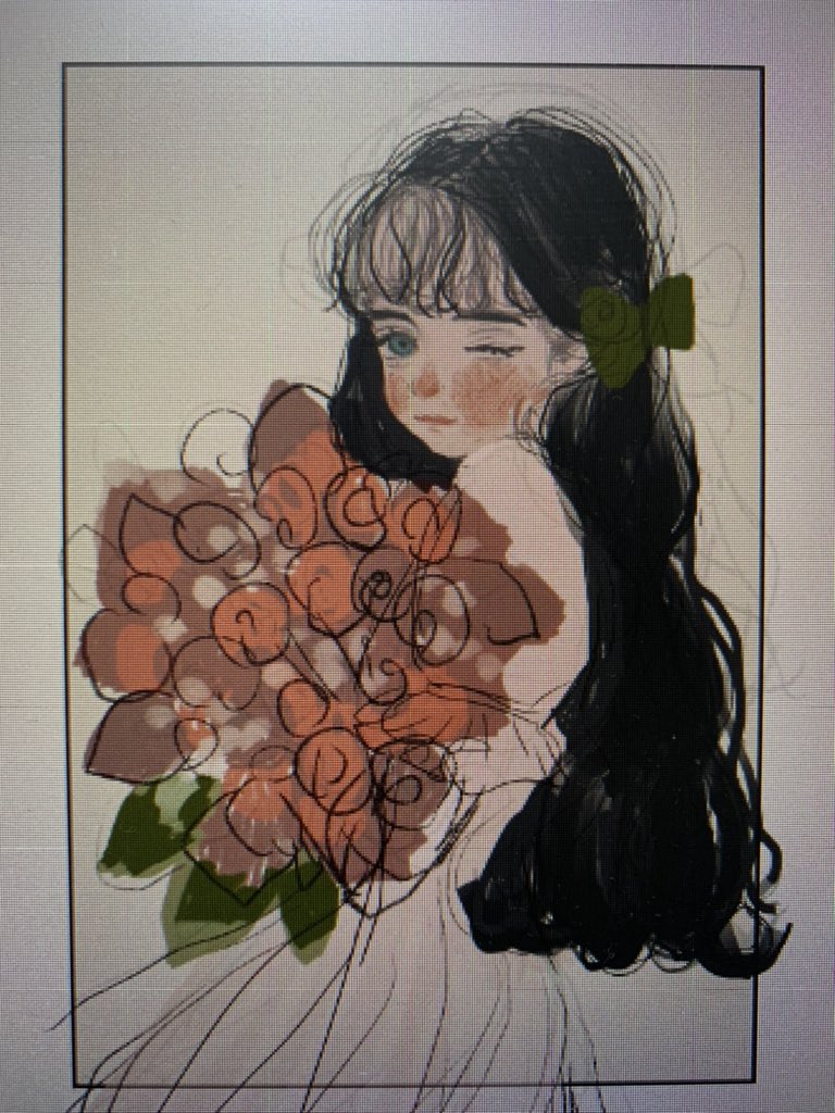 1girl solo long hair black hair flower dress white dress  illustration images