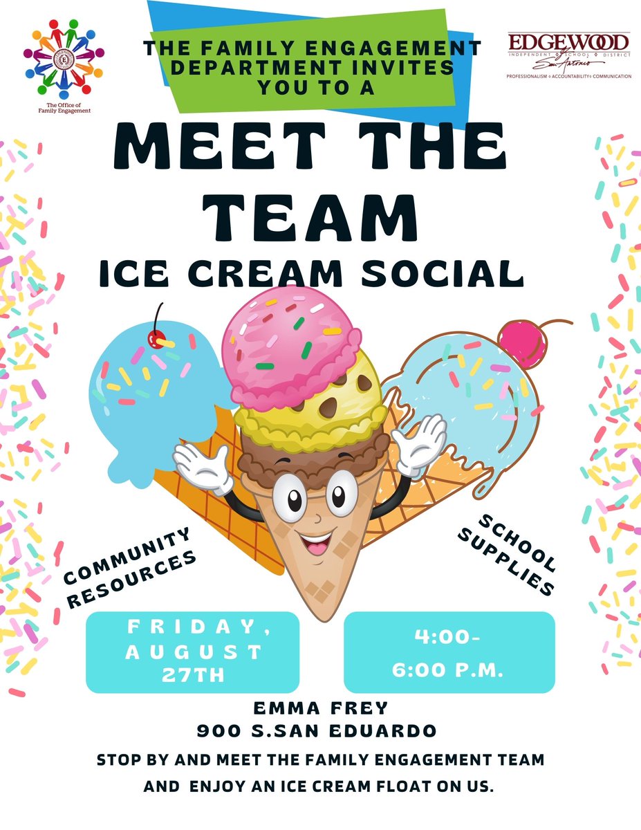 Now that the school year is in full swing, come on by Friday, August 27th from 4pm-6pm to meet our Family Engagement Team.  We will have resources and school supplies to give to EISD families.  We hope to see you there. #EISDFamilyEngagement  <a href="/EISDofSA/">Edgewood ISD</a>